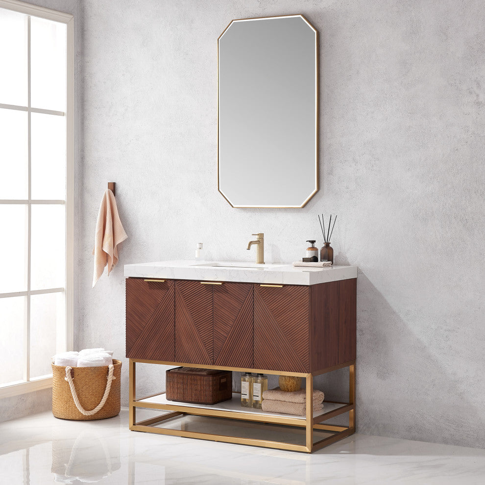 Mahon Bath Vanity, Stone Top, Brushed Gold Base, 42", Single Vanity, No Mirror