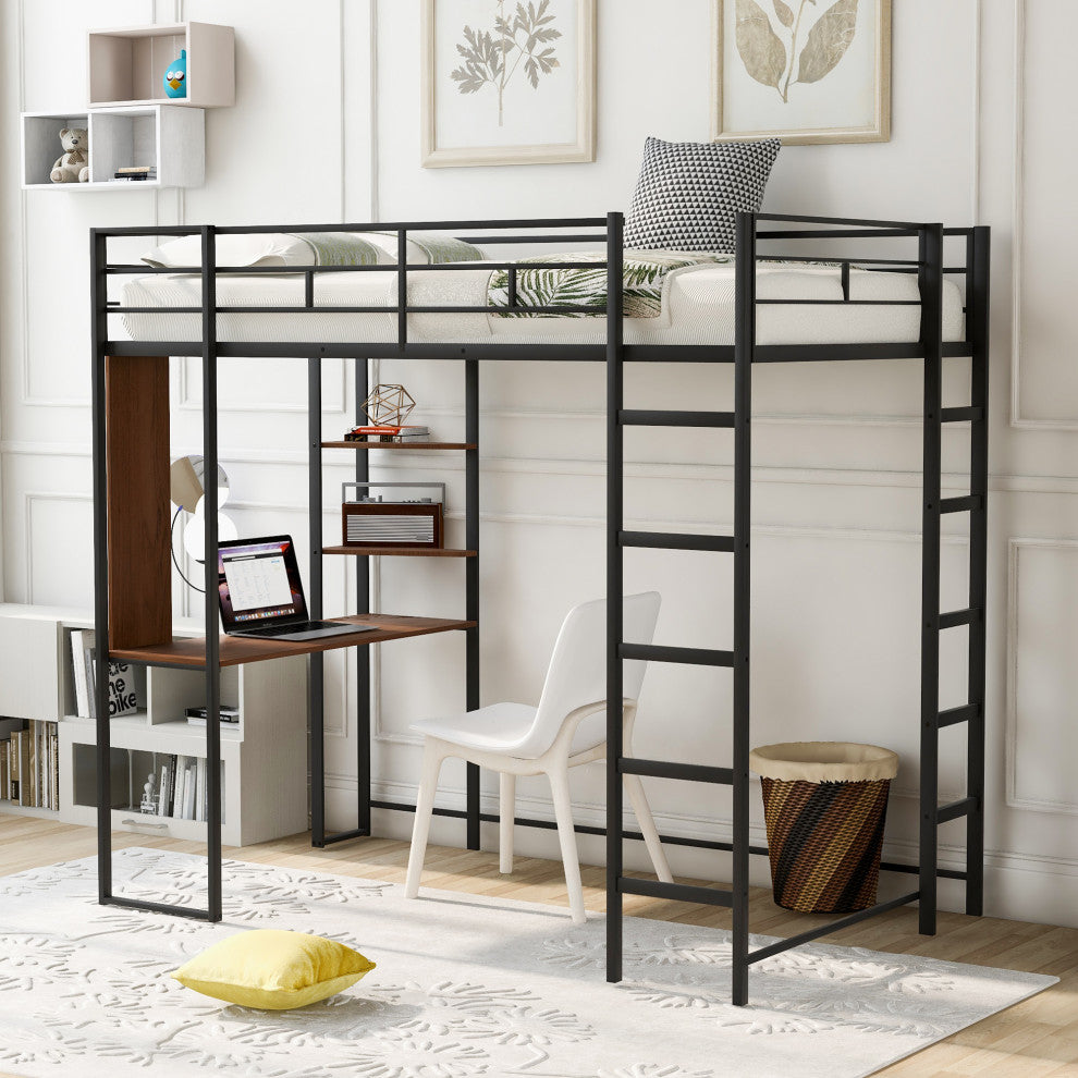 Gewnee Twin Metal Loft Bed with 2 Shelves and one Desk