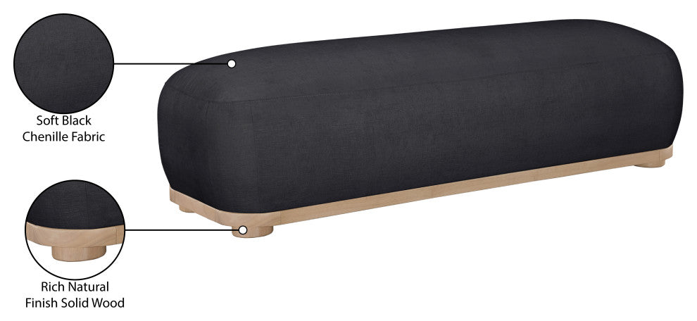 Calum Upholstered Bench, Black, Chenille Fabric, Natural Finish
