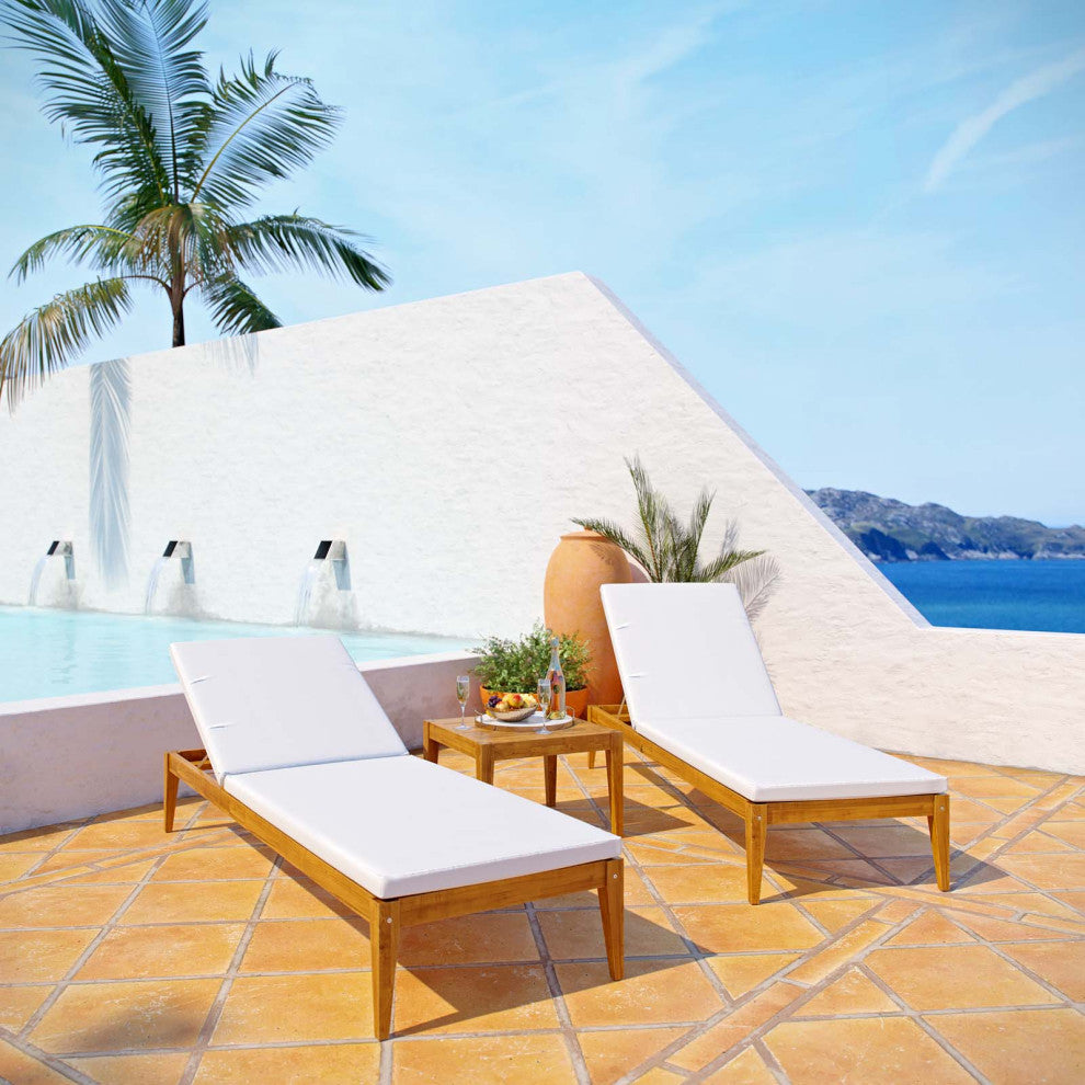 Modern Outdoor Patio Lounge Chaise Chair and SideTable Set, Wood, Natural White