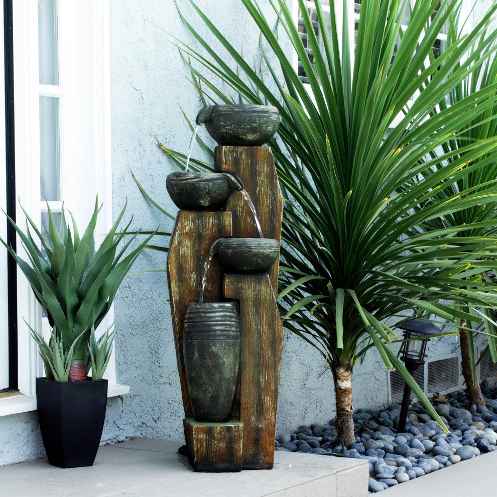 Cascading Mossy Jars Fountain with LED Lights