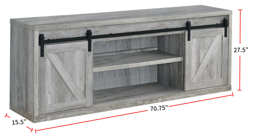 71" TV Console with Sliding Doors, Gray and Black