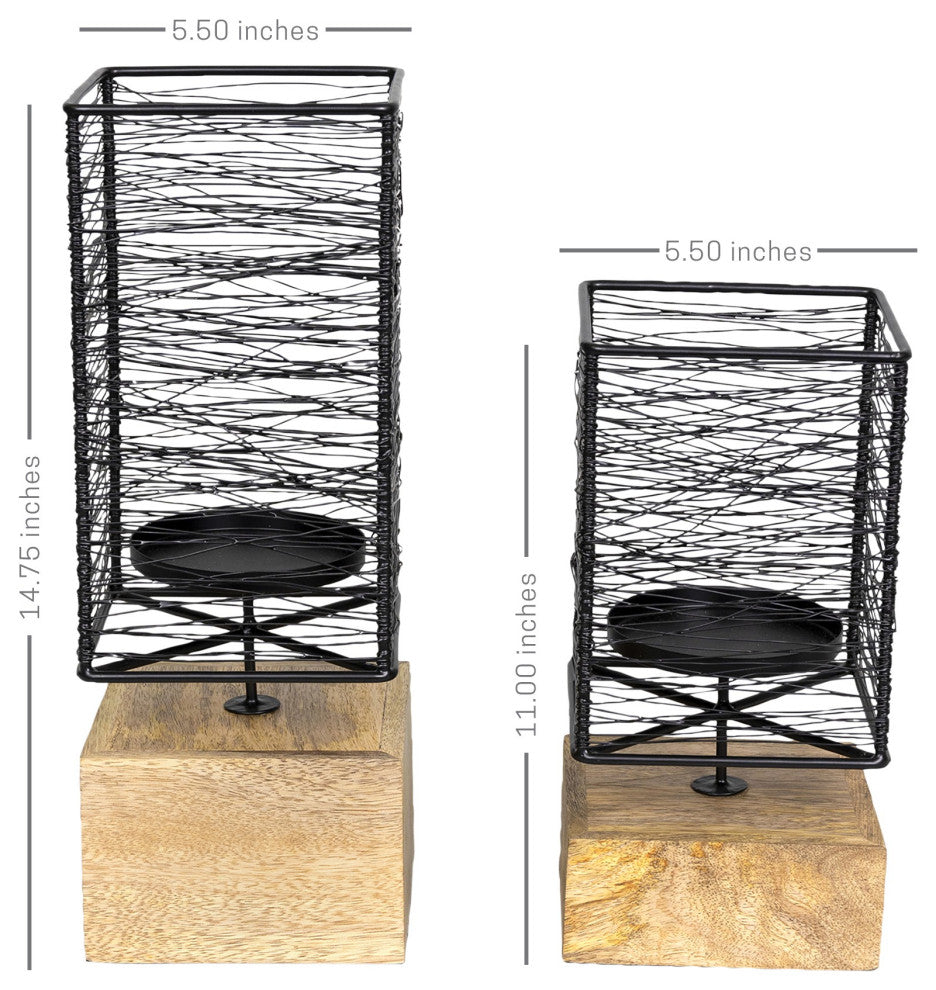 Set of Two Contemporary Wood and Metal Candle Holders