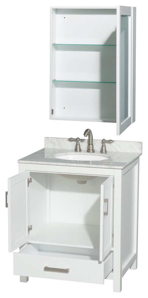 Wyndham WCS141430SWHCMUNOMED White Vanity + Carrera Marble Top and Round Sink