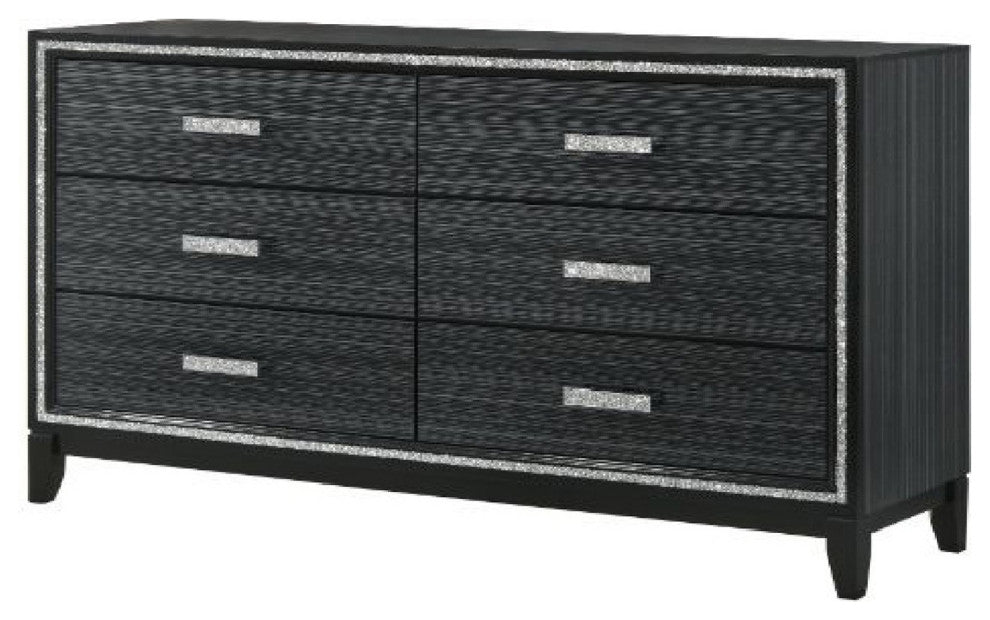 Benzara BM268901 Dresser With 6 Drawers and Shimmering Trim, Weathered Black