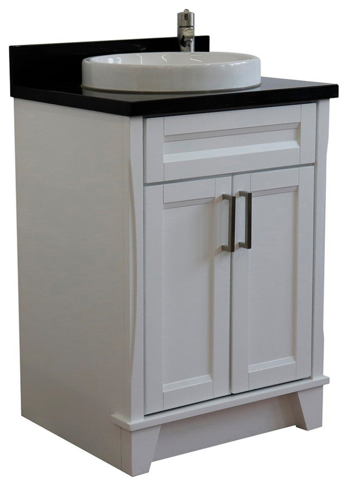 25" Single Sink Vanity, White Finish With Black Galaxy Granite And Round Sink