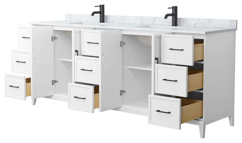 Elan 84" Double Vanity, White, White Carrara Marble Top, Black Trim
