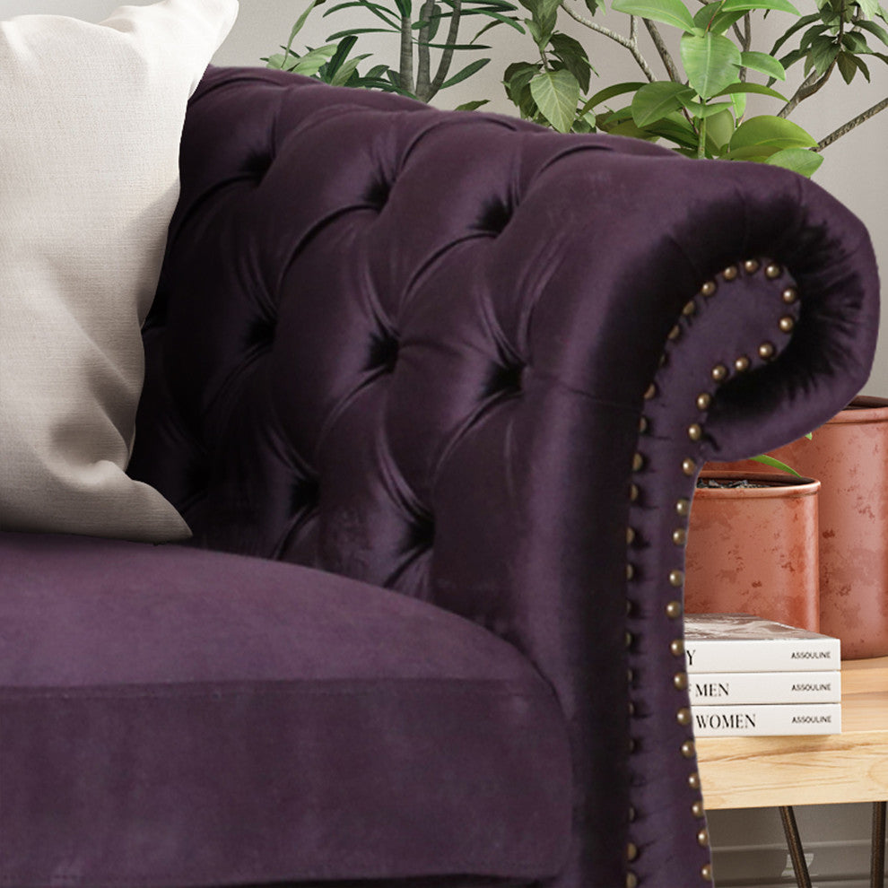 GDF Studio Vita Chesterfield Tufted Jewel Toned Velvet Sofa With Scroll Arms, Blackberry