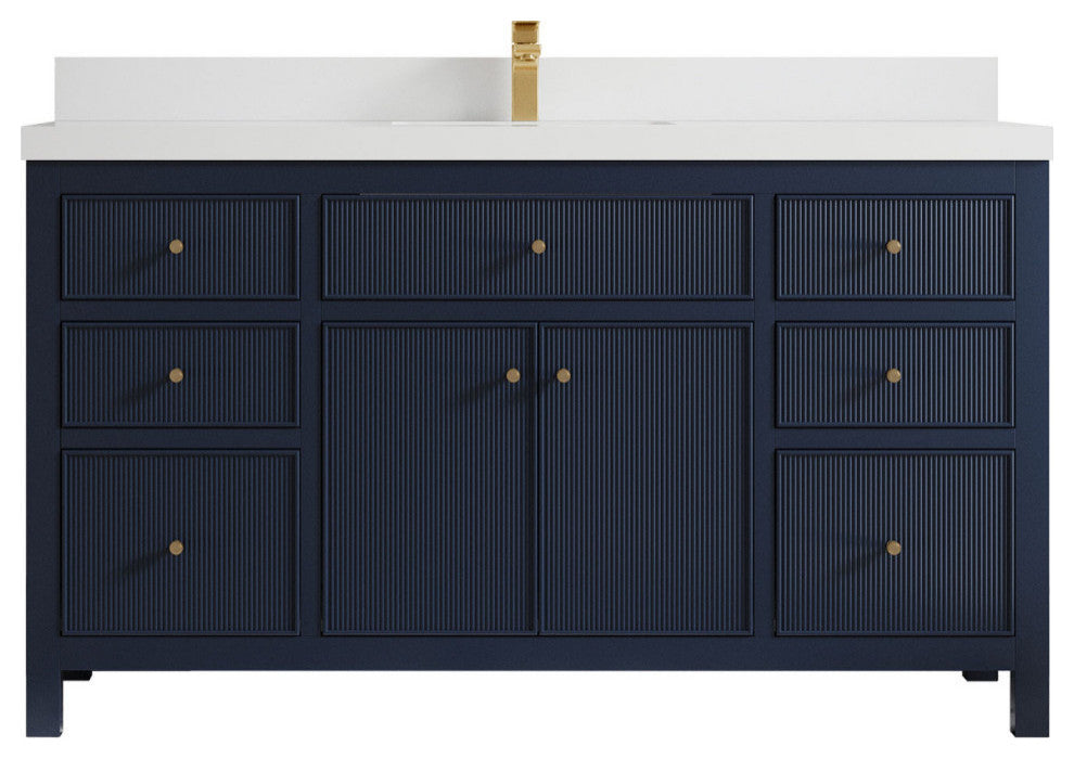 Sonoma 60 Single Sink Reeded Bathroom Vanity in Hale Navy Blue 2" White Quartz