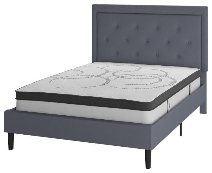 Roxbury Tufted Upholstered Platform Bed -10 Inch Foam & Pocket Spring Mattress, Light Gray, Full