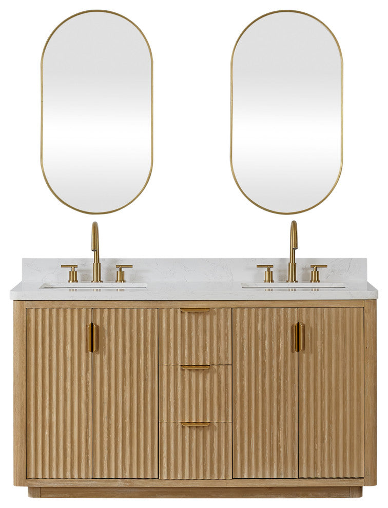 Vinnova Cadiz Bath Vanity, Composite Stone Top, Washed Ash Grey, 60", With Mirror