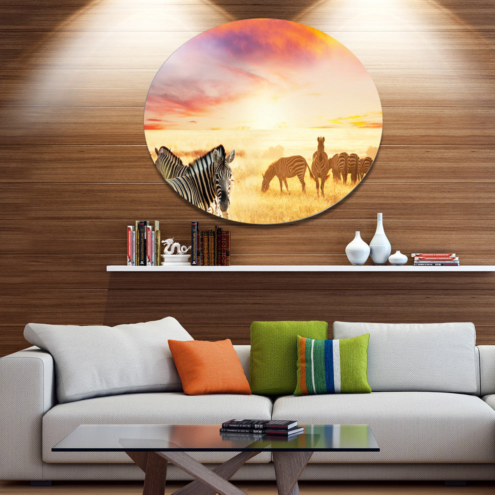 Cute Zebras Grazing In Grassland, Animal Large Disc Metal Wall Art, 36"