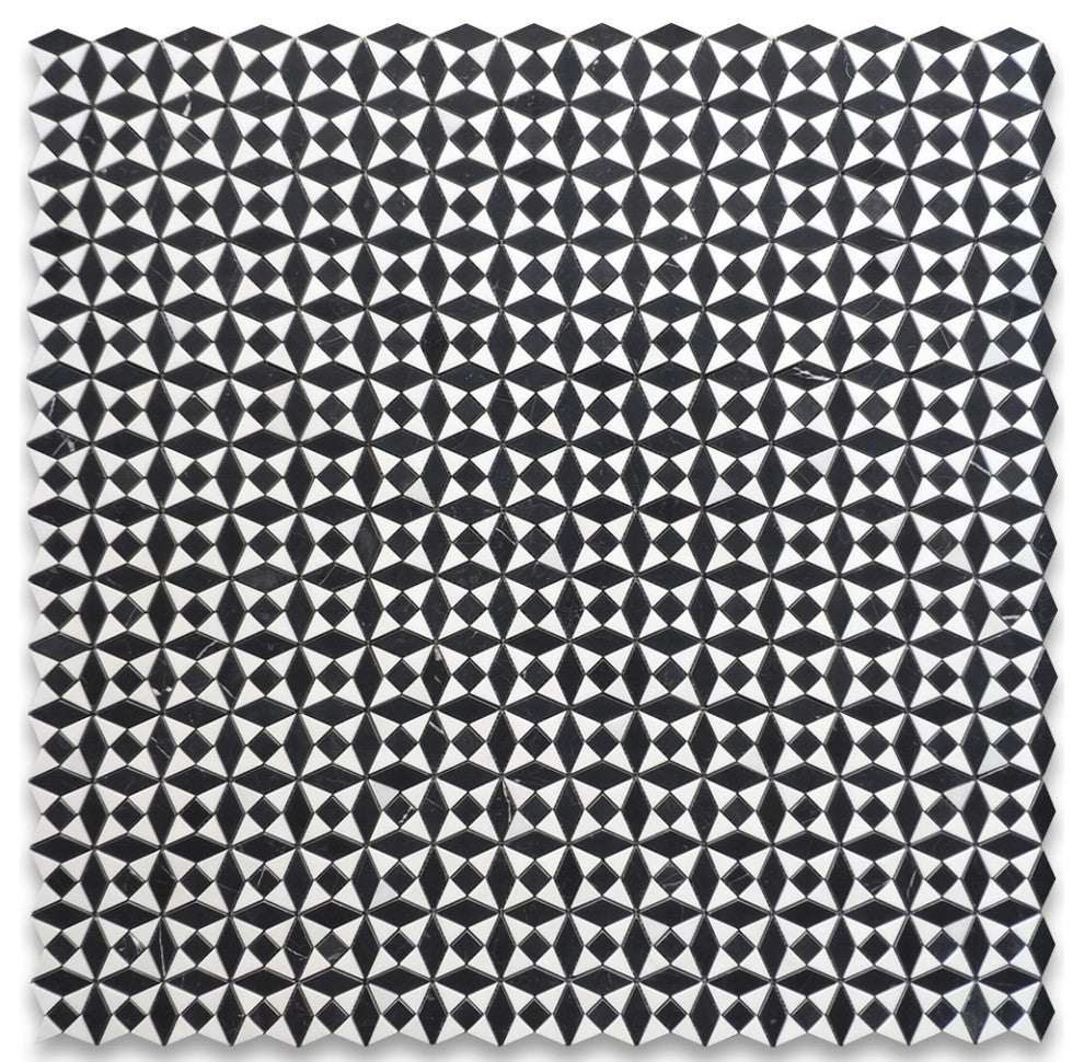 Nero Marquina Black Marble Kaleidoscope Diamond Mosaic Tile Thassos, 1 sheet