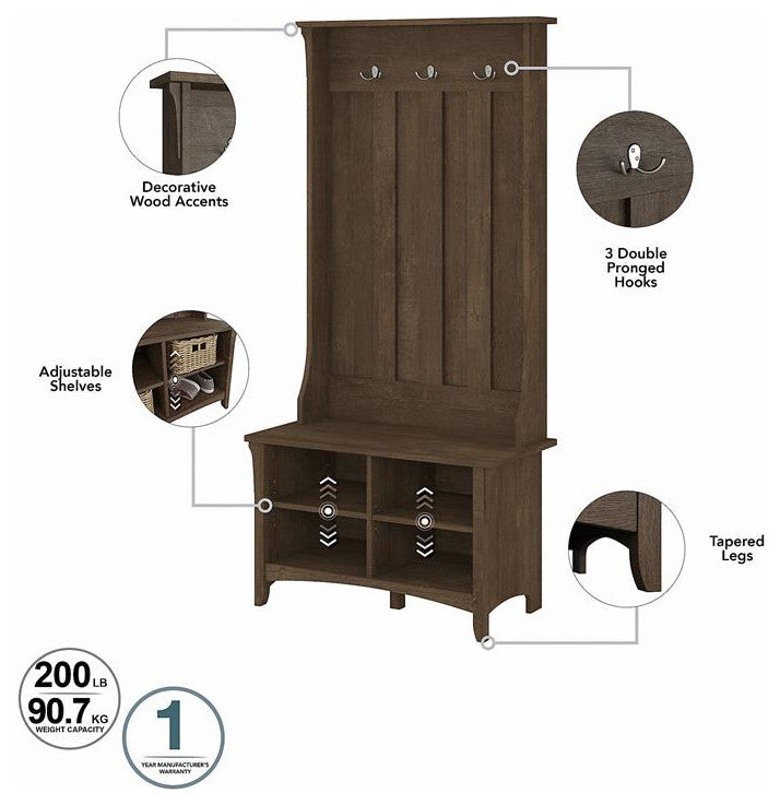 Bowery Hill Furniture Salinas Hall Tree with Shoe Storage Bench in Ash Brown