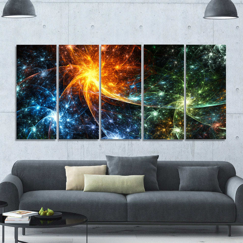 Colorful Fireworks with Stars, Abstract Canvas Art Print, 60"x28", 5 Panels