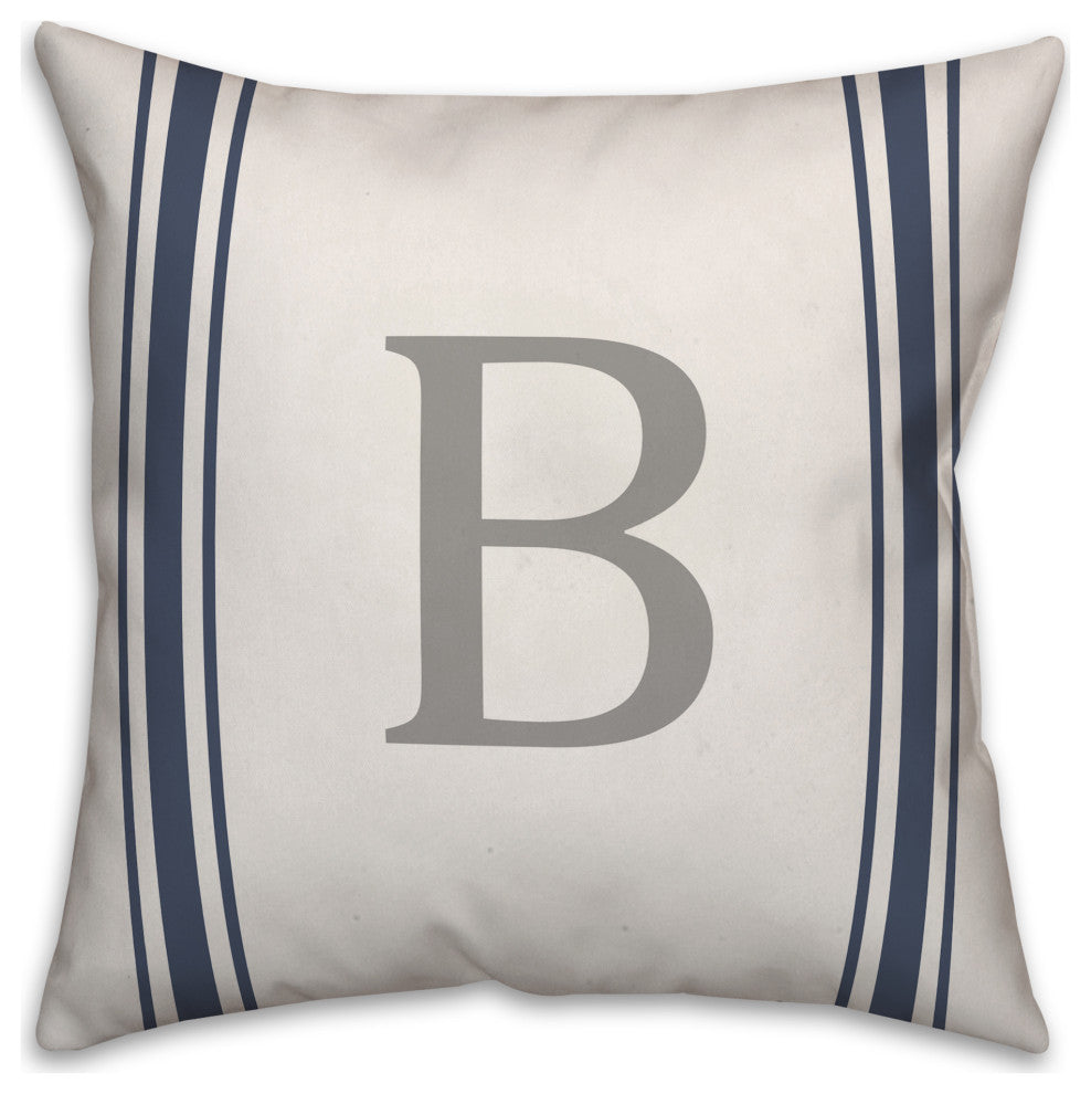 Blue Farmhouse Stripe Monogram - B 18x18 Spun Poly Pillow