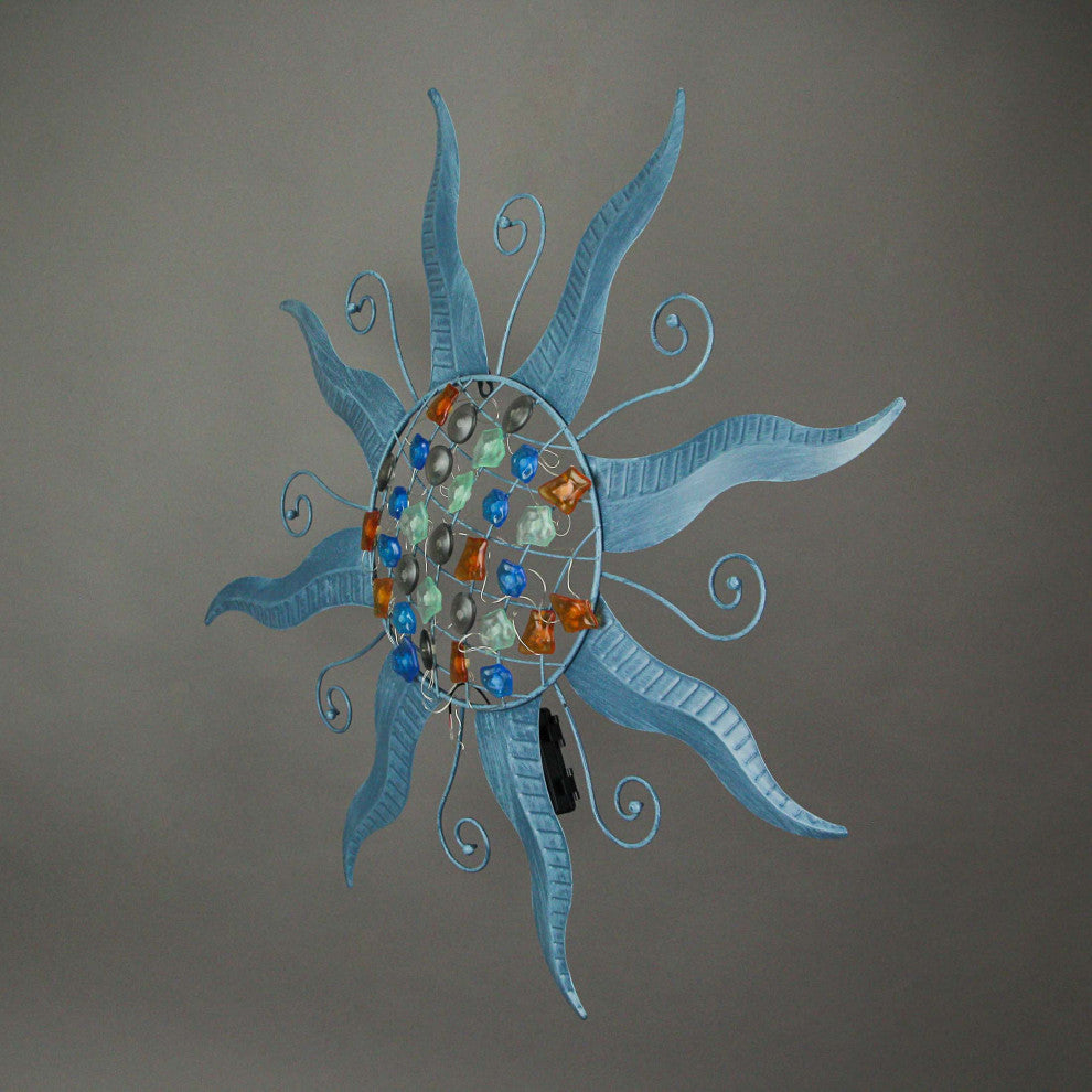 28 Inch Blue Metal Sun LED Light Wall Sculpture Decorative Rustic Home Decor Ar