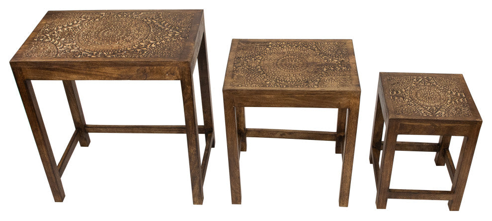 Set of 3 Walnut Brown Stackable Mandala Nesting Tables 24"
