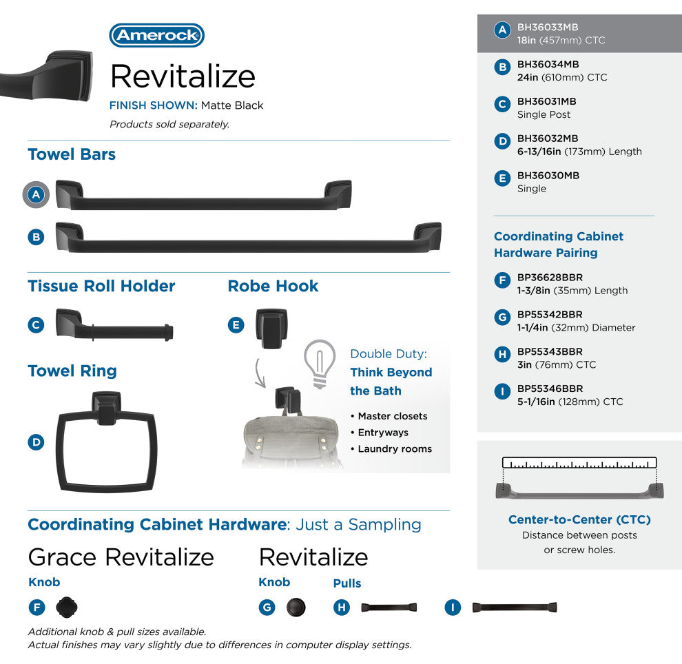 Amerock Revitalize Traditional Towel Bar, Matte Black, 18" Center-to-Center