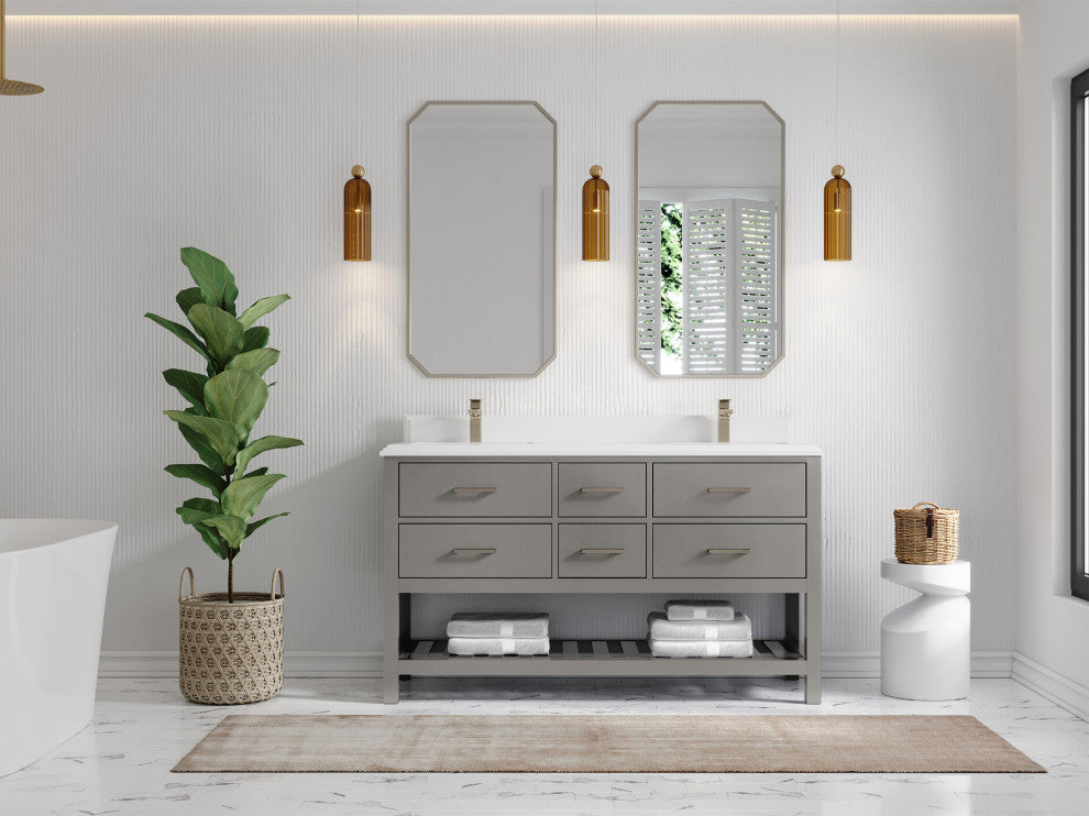 Parker 60 Double Sink Bathroom Vanity in Elephant Skin Gray  1.5" White Quartz