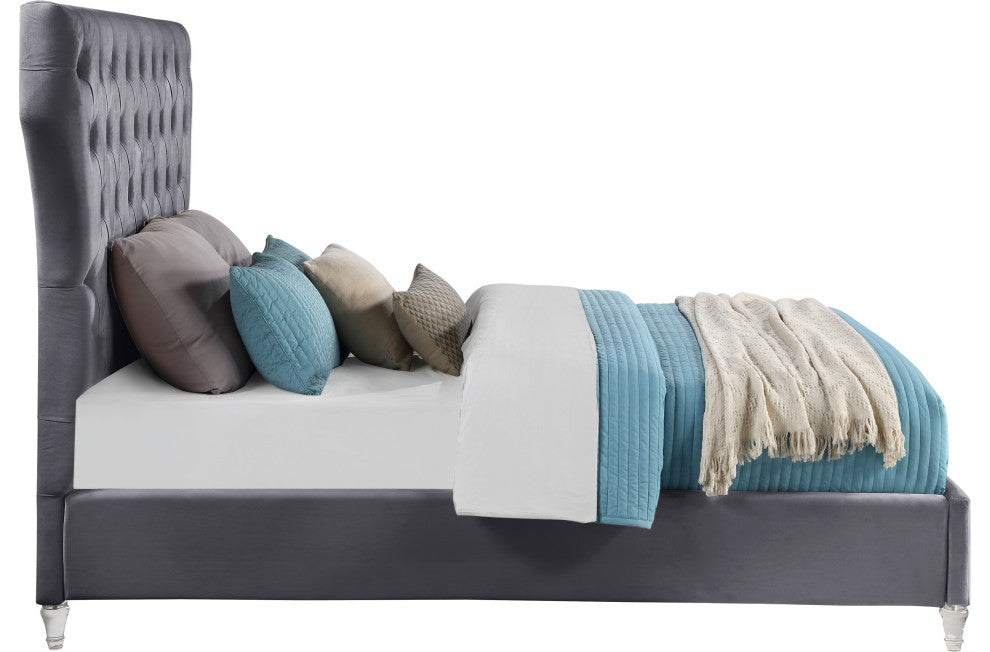 Kira Velvet Upholstered Bed, Gray, Queen
