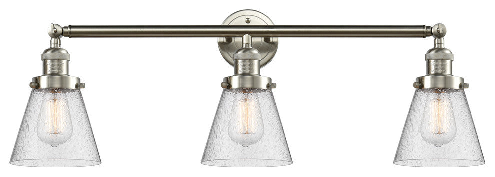Small Cone 3-Light Bath Fixture, Seedy Glass, Satin Brush Nickel
