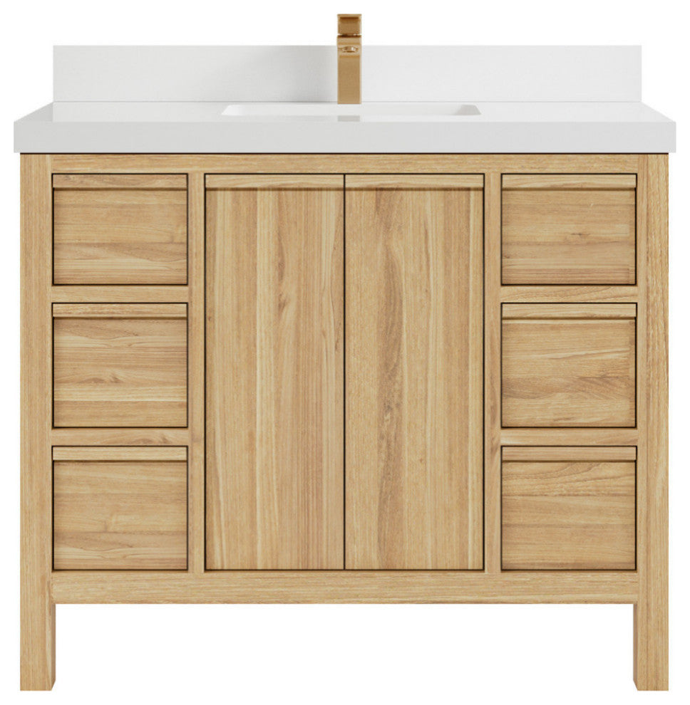 Elizabeth 42 Single Sink Bath Vanity in Light Natural Teak 2" White Quartz