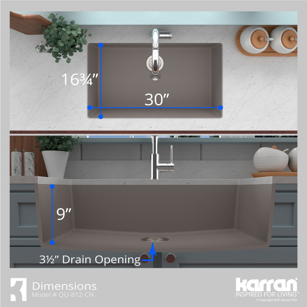Karran QU-812 Undermount 32.5" Single Bowl Quartz Kitchen Sink, Concrete