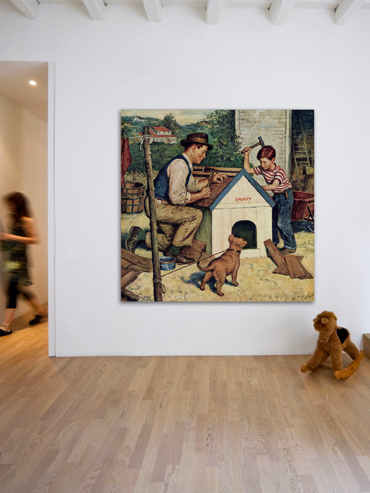 "Building the Doghouse" Painting Print on Canvas by Amos Sewell