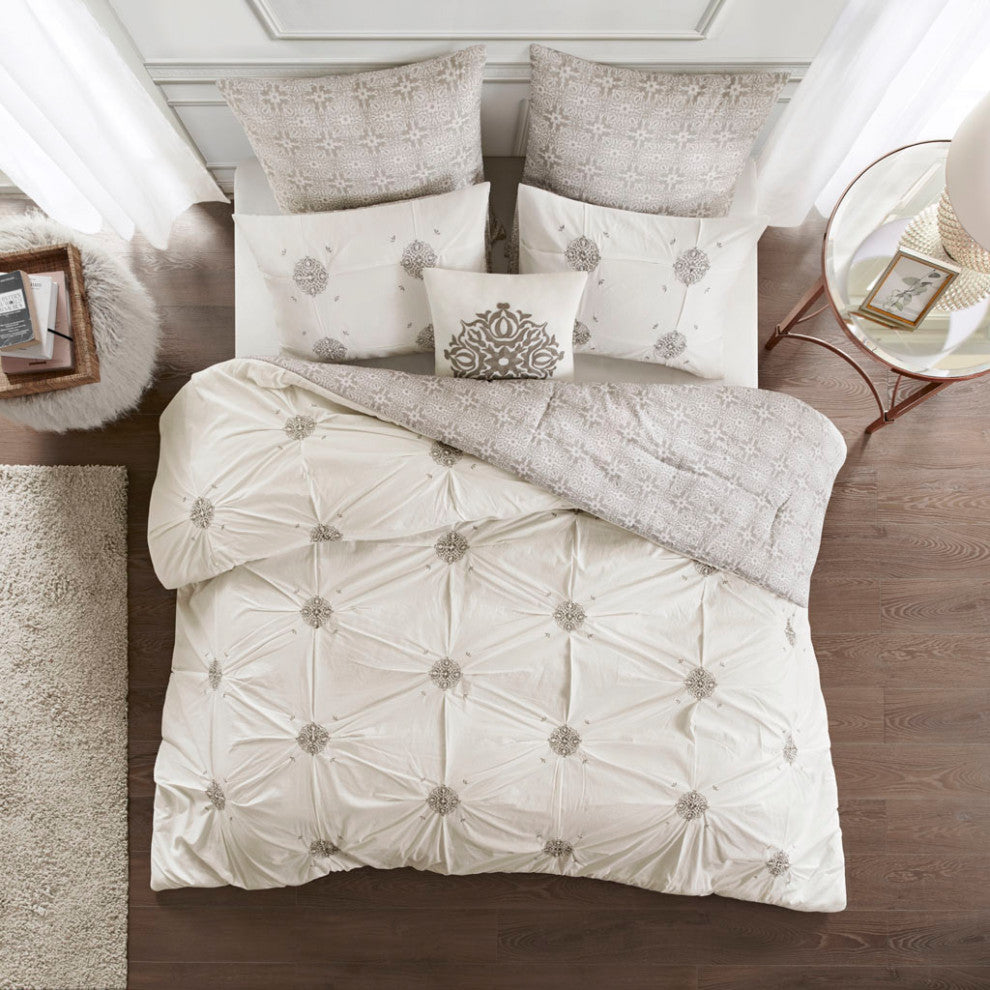 Madison Park Malia 6 Piece Embroidered Cotton Reversible Comforter Set, Ivory