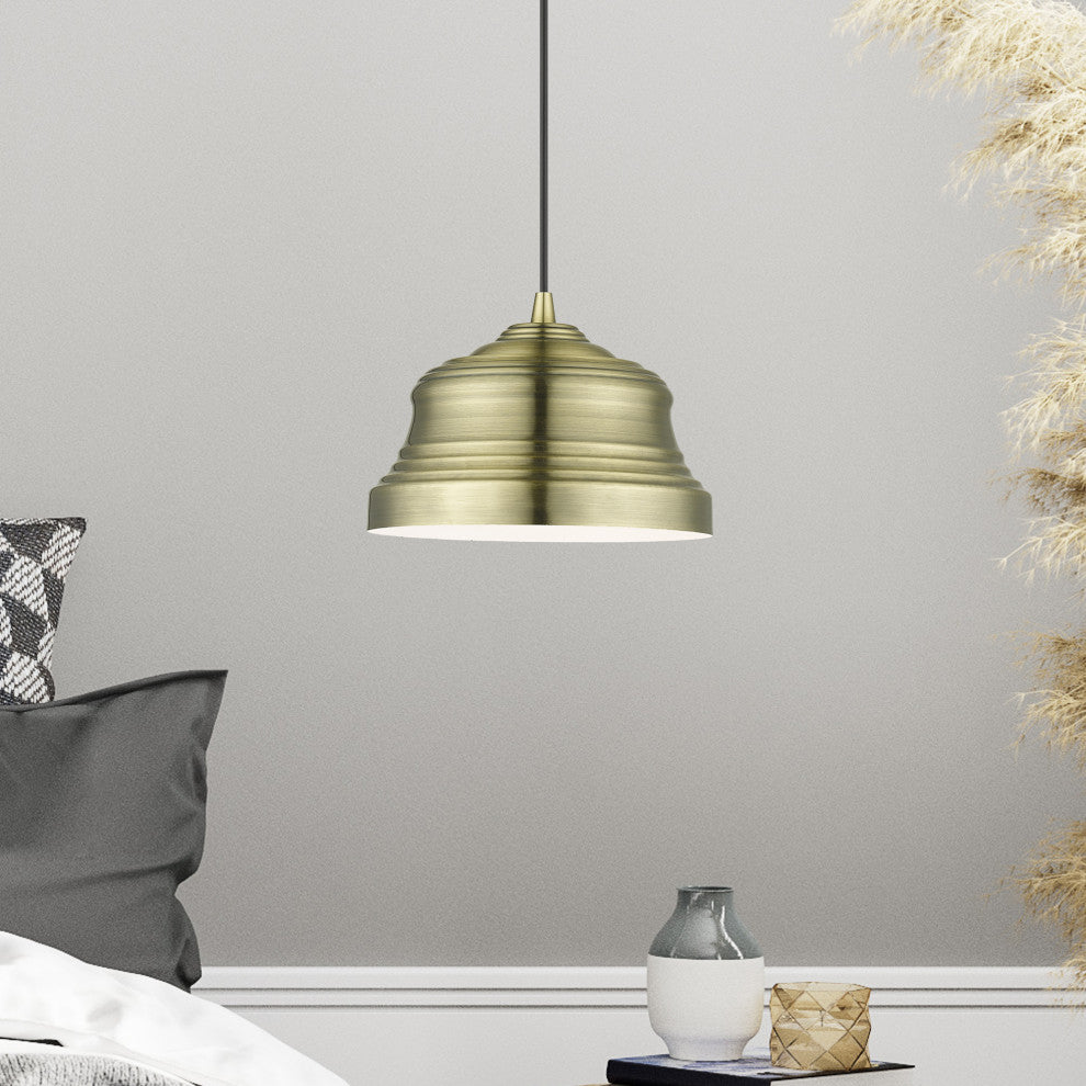 Endicott 1-Light Antique Brass Bell Pendant, Shiny White Inside