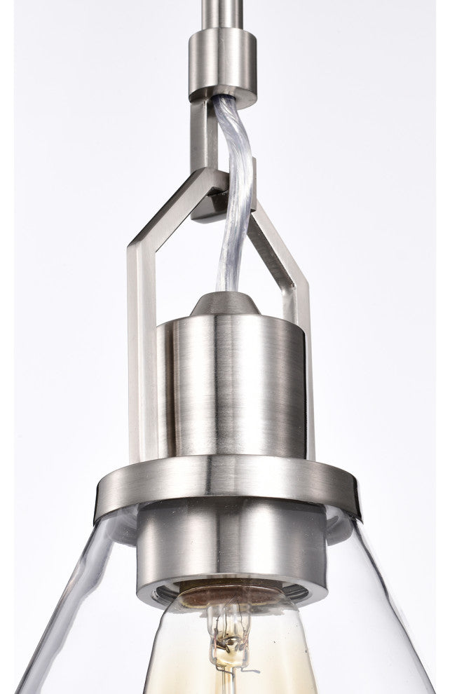 1-Light Brushed Nickel Mini Pendant With Clear Cone Glass Shade