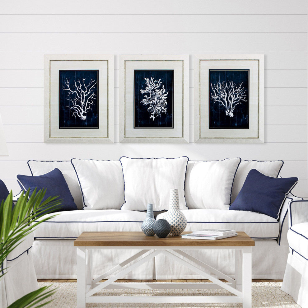 Wood Coral Blue Framed Art, 3-Piece Set