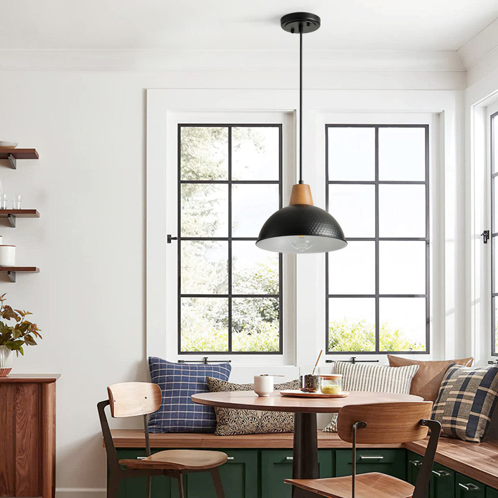 Industrial Farmhouse Pendant Light With Metal Shade and Wood Grain Design, Black