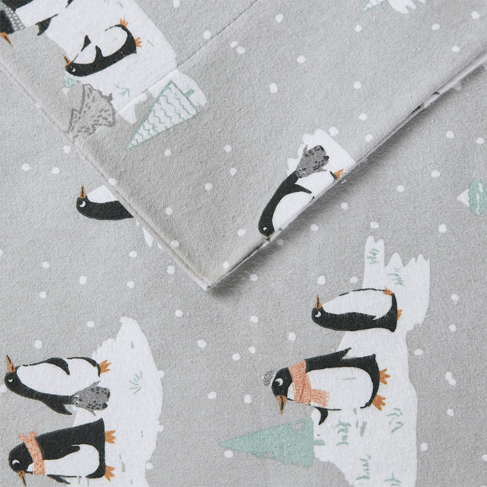 True North by Sleep Philosophy Cotton Flannel Kids Sheet Set, Grey Penguins