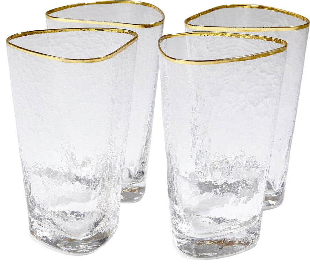 Hammered High Ball Glasses Clear With Gold Rim