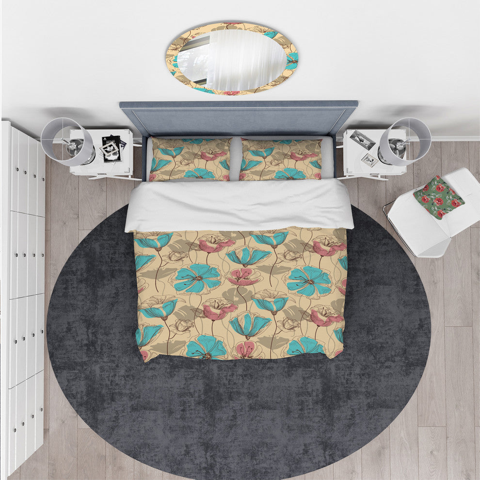 Retro Drawing Flowers in Pink and Blue Floral Duvet Cover, Twin