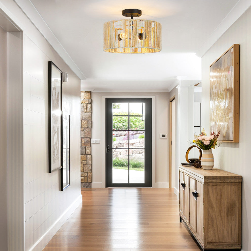 14" W 2-Light Woven Rope Drum Semi-Flush Mount Ceiling Light, Beige