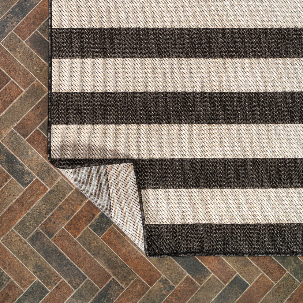 Negril Two-Tone Wide Stripe Indoor/Outdoor Area Rug, Black/Beige, 8x10