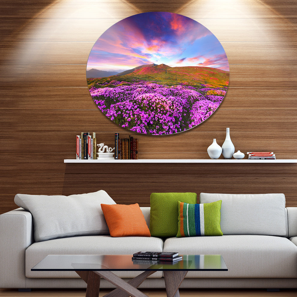 Magic Pink Rhododendron Flowers, Landscape Art Round Metal Artwork, 23"