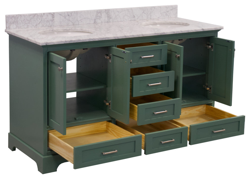 Harper 60" Bathroom Vanity, Sage Green, Carrara Marble, Double