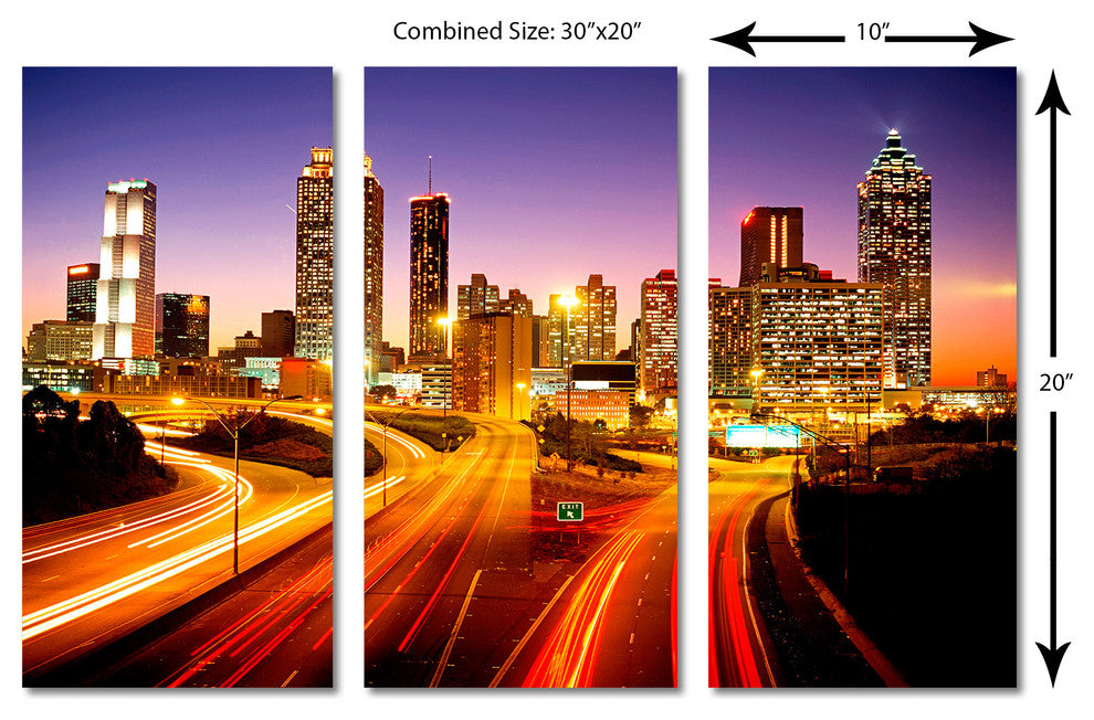 Atlanta, Georgia Skyline Canvas Print 3 Panel Split, Triptych Wall Art, 30x20