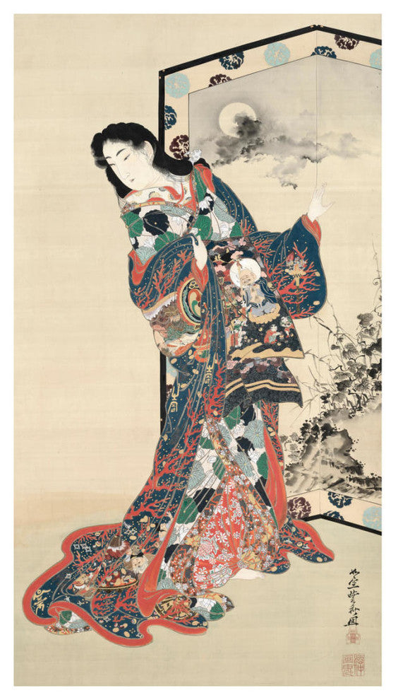 "Beauty before a Screen, 1800s" Digital Paper Print by Kawanabe Kyosai, 18"x32"