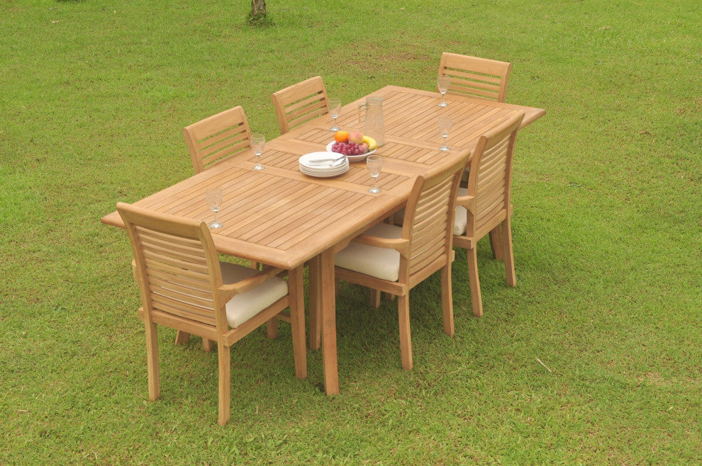 7-Piece Outdoor Teak Dining Set: 94" Rectangle Table, 6 Mas Stacking Arm Chairs