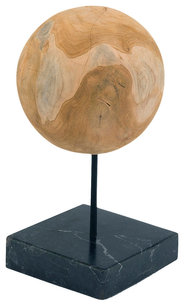Industrial Round Teak Ball On Black Marble Base Medium - Natural