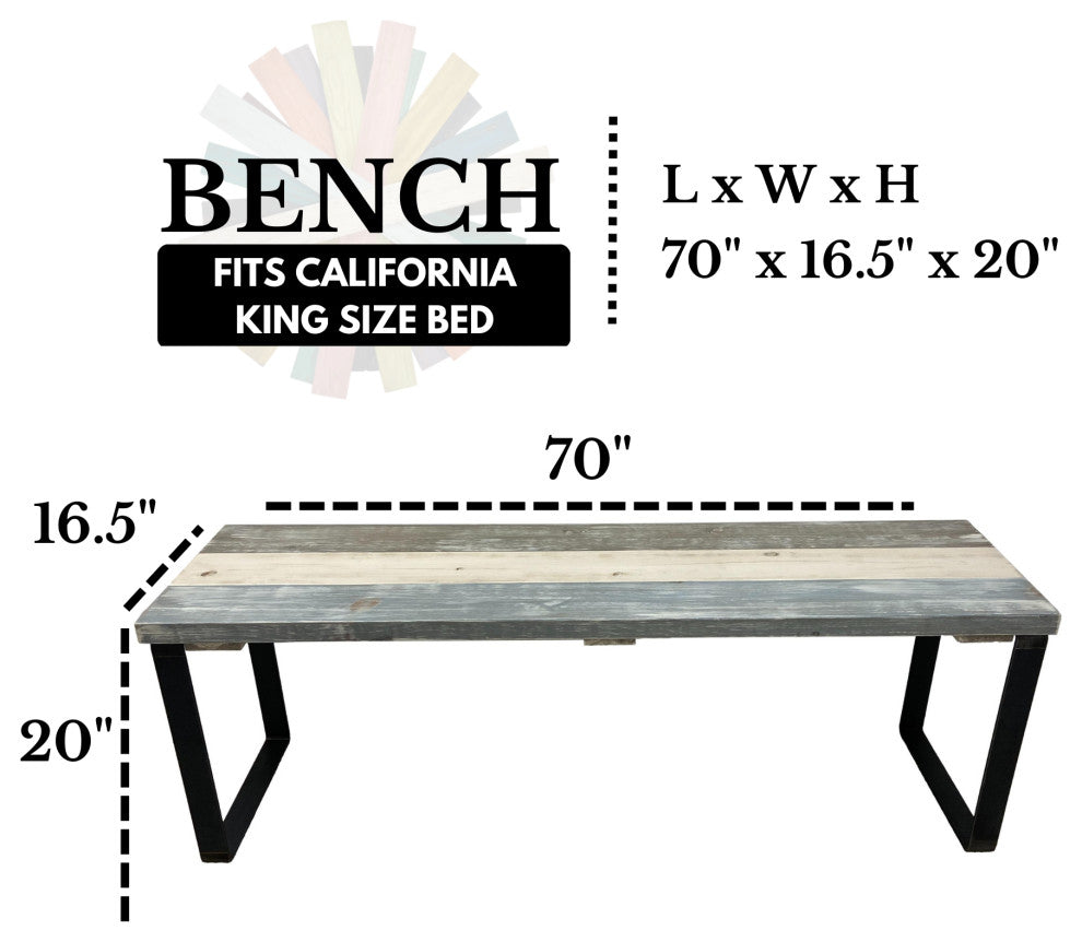 Bedroom or Entryway Bench, Heavy Duty Industrial Metal Legs, Farmhouse Mix, Length 70", Fits California King Bed