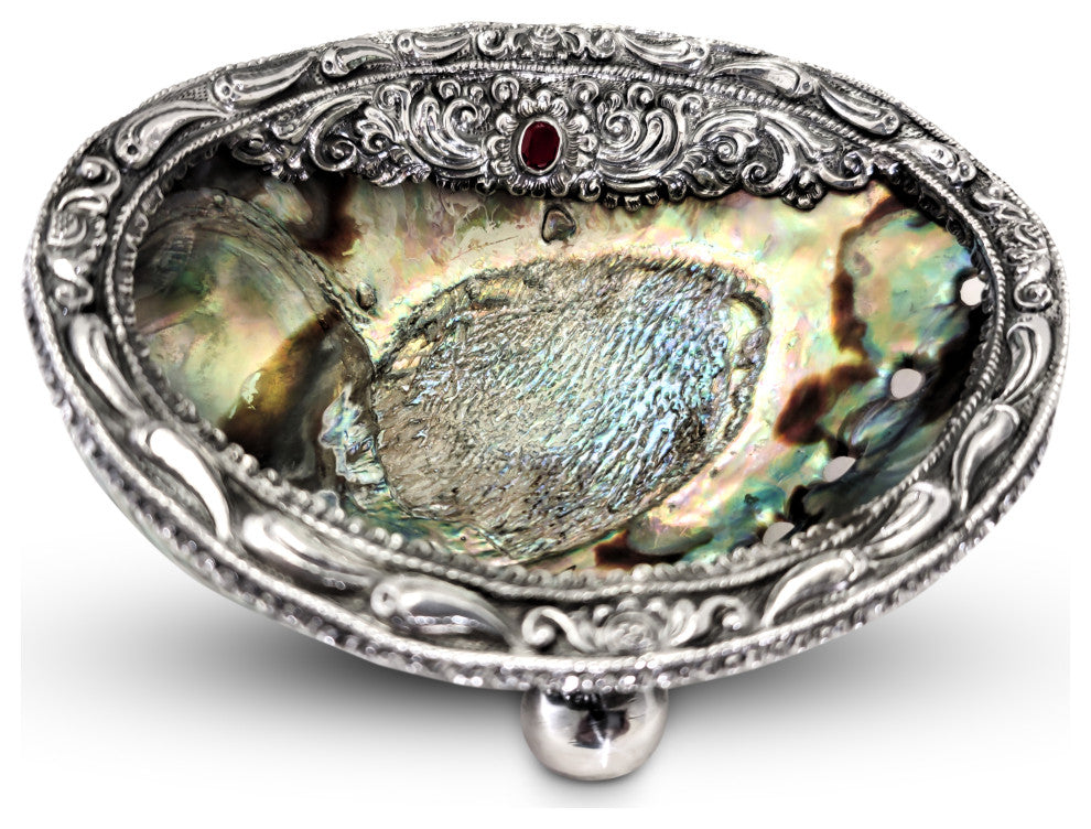 Paua Abalone Dish with Repose' Silver and facetted Red Garnet or Amethyst., Red