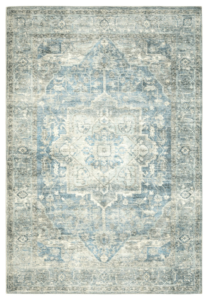 5' X 7' Grey Blue And Ivory Oriental Power Loom Stain Resistant Area Rug