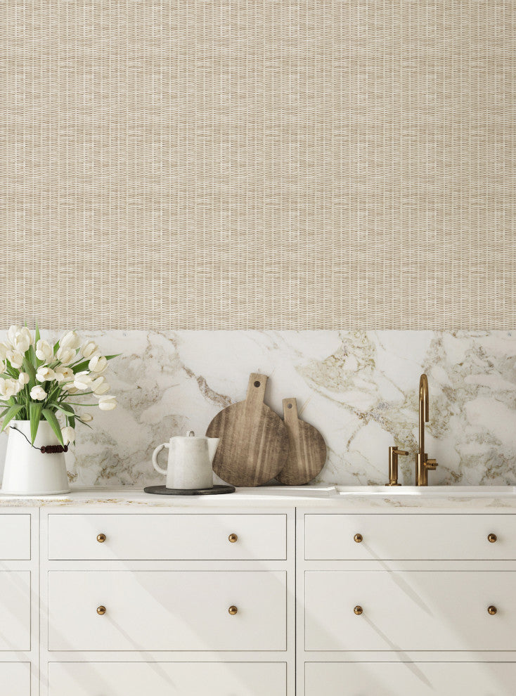 Rattan Weave Look Peel and Stick Vinyl Wallpaper, White Wash, 24" X 60"