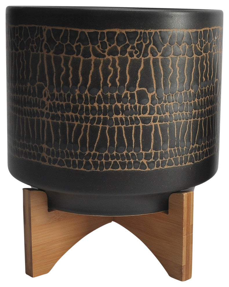 2-Piece Set Glazed Planter With Stand, Black